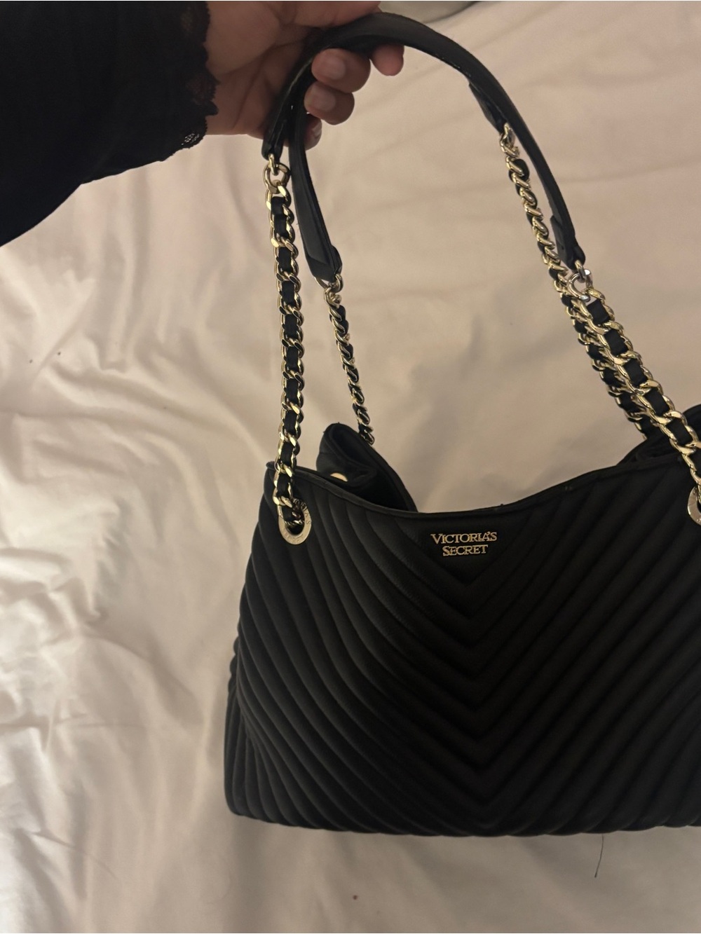 Victoria's Secret Black Quilted Shoulder Bag with Gold Chain Trim